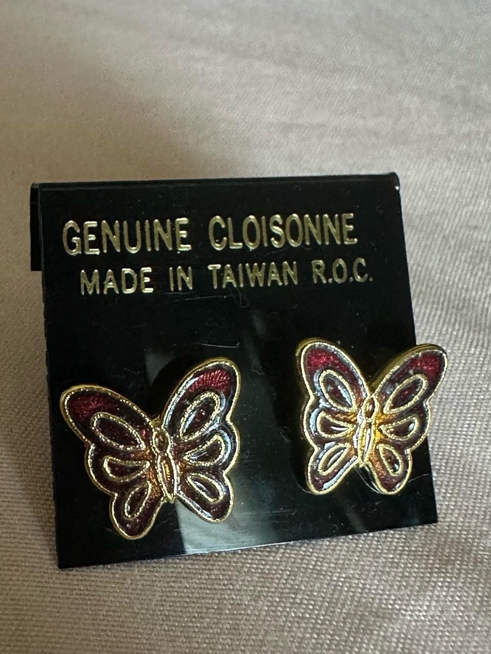 Genuine Cloissone (real stained glass jewelry) burgundy, gold butterfly earrings